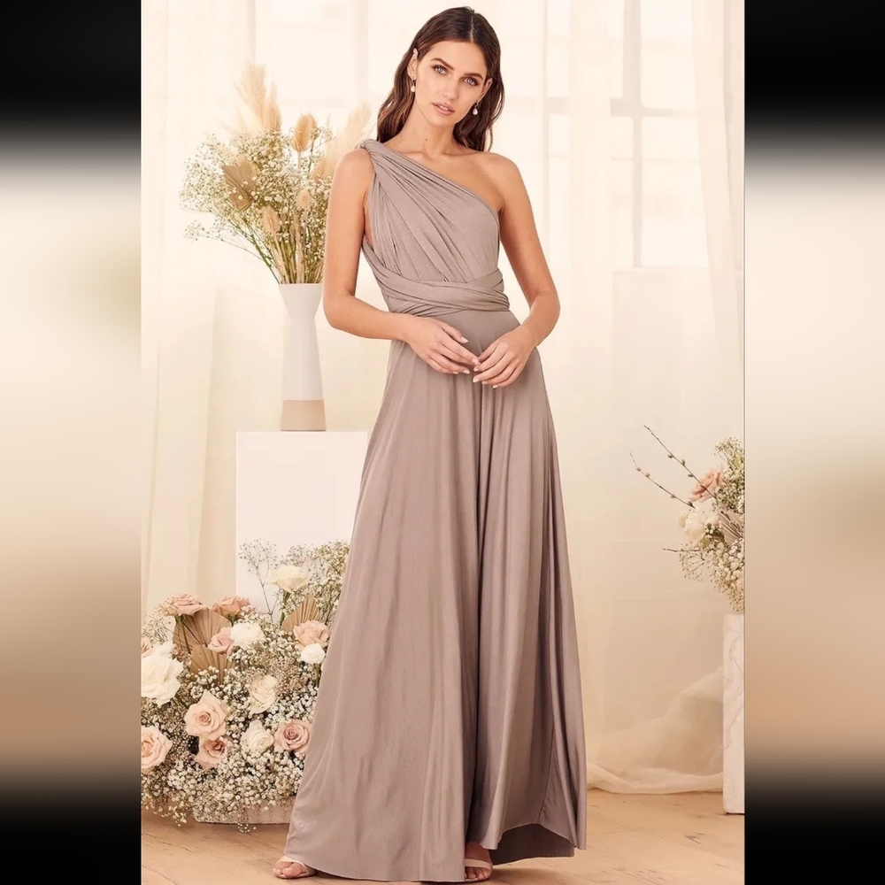 NWOT Lulus Tricks of the Trade Maxi Multi-Way Gown Bridesmaid Taupe size small